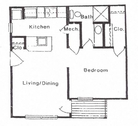 Floor plan for 1 bed, 1 bath, 643 sqft